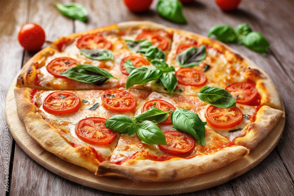 Freshly baked pizza with juicy tomatoes and fragrant basil on wooden cutting board. Close-up of delicious homemade Italian dish. Healthy and tasty food on wooden surface. Freshly baked pizza with juicy tomatoes and fragrant basil on wooden cutting board. Close-up of delicious homemade Italian dish. Healthy and tasty food on wooden surface.