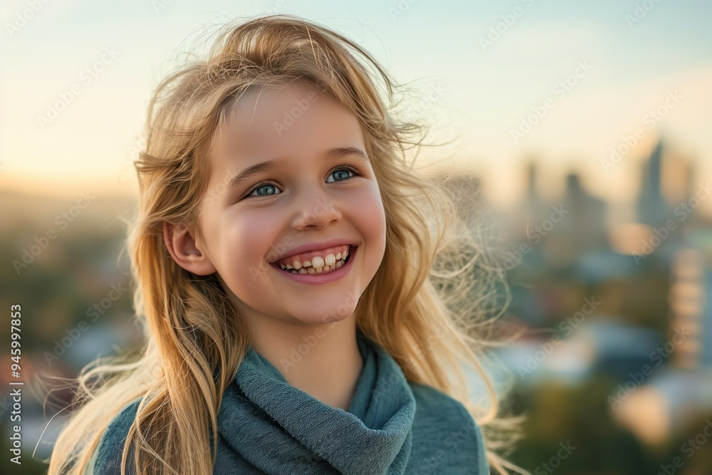 Young blonde woman stands confidently on city street. She wears casual attire and smiles happily. Her beautiful face radiates positivity and joy. A sunny day adds to her cheerful expression.