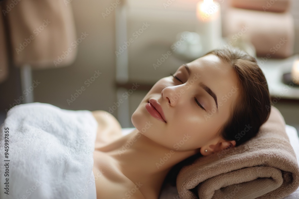 Young caucasian woman relaxes in spa salon. Lies on table, face down, with towel covering body. Pro massage therapist attends to skin with gentle touch. Atmosphere peaceful, serene, luxurious. Young caucasian woman relaxes in spa salon. Lies on table, face down, with towel covering body. Pro massage therapist attends to skin with gentle touch. Atmosphere peaceful, serene, luxurious.