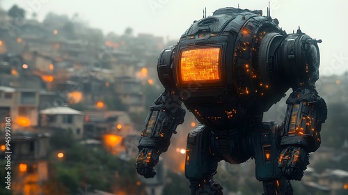 Titanic Mecha Suit Traversing Post-Apocalyptic Landscape with Ornate Biomechanical Carapace and Holographic Displays