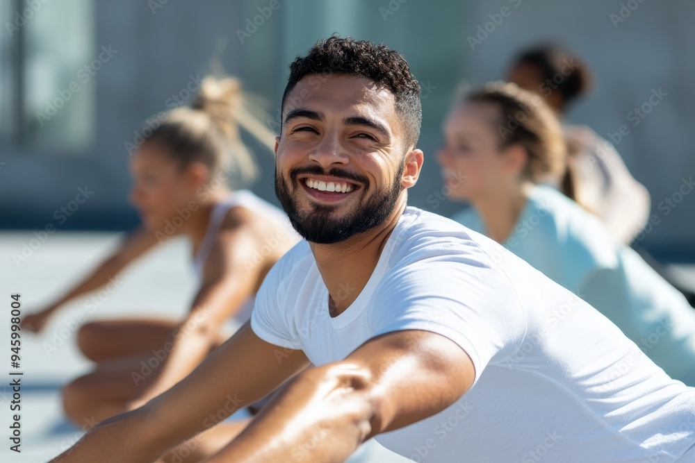 An exercise group with happy people, sport, friendship and a healthy lifestyle concept. An exercise group with happy people, sport, friendship and a healthy lifestyle concept.