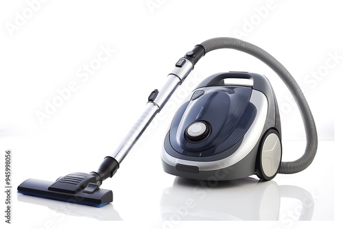 White background isolated vacuum cleaner with hose and cord. Electric sweeper for carpet and floor cleaning with suction power. Household cleaning tool for dust and dirt removal.