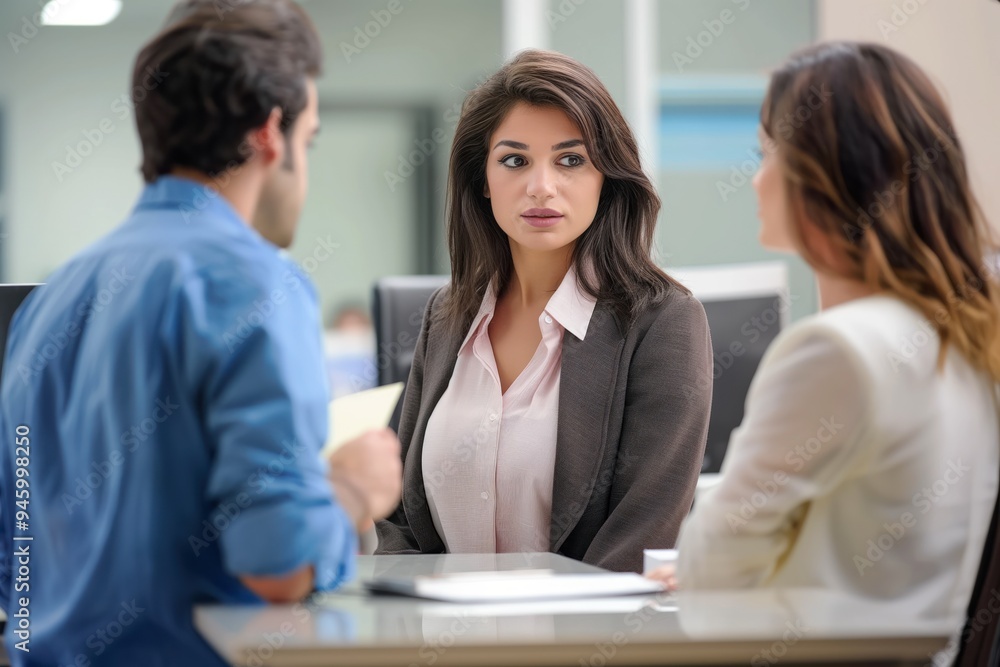 Injured worker meets lawyer for insurance claim advice. Business professional in office setting discusses medicals, lawsuit, compensation with client. Serious man, possibly injured, sits across from Injured worker meets lawyer for insurance claim advice. Business professional in office setting discusses medicals, lawsuit, compensation with client. Serious man, possibly injured, sits across from