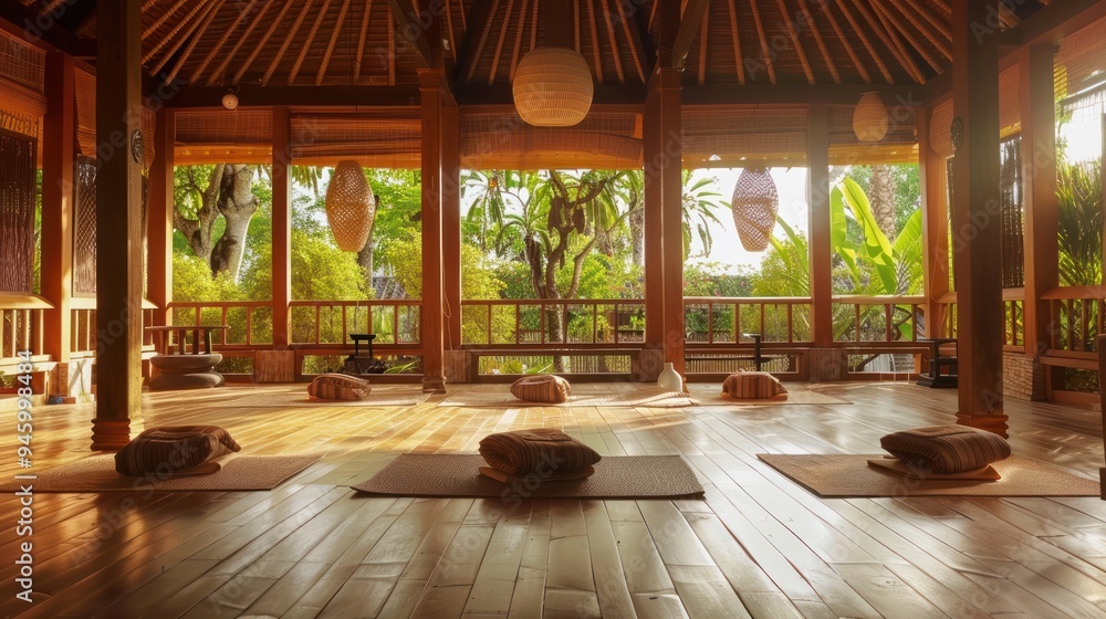 A yoga class in Indonesia featuring traditional Indonesian elements and techniques A yoga class in Indonesia featuring traditional Indonesian elements and techniques