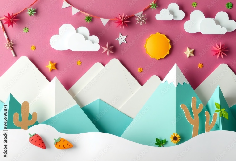 Paper cut-out mountains, clouds, stars, and sun on a pink background. Paper cut-out mountains, clouds, stars, and sun on a pink background.