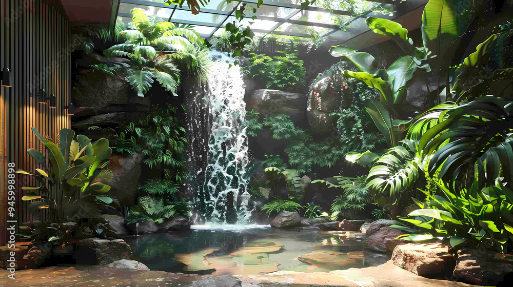Obraz premium Luxurious waterfall garden inside the house,16K,photostock style