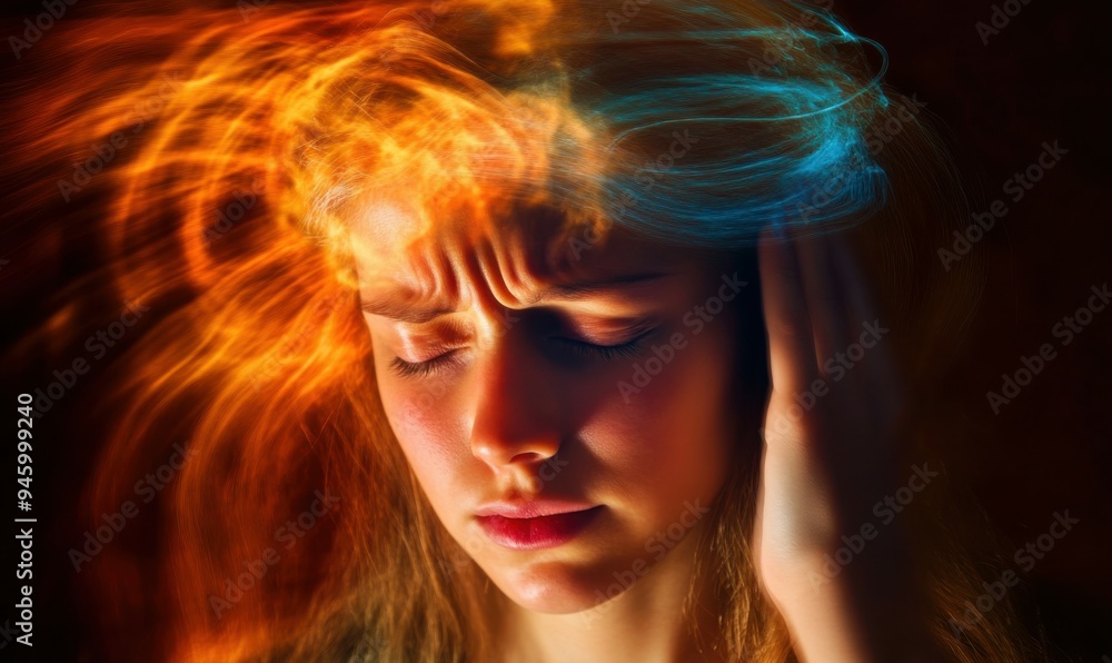 A woman experiences a headache with her eyes closed, conveying discomfort and frustration. The background is dynamic and blurry, enhancing the sense of motion and emotional intensity A woman experiences a headache with her eyes closed, conveying discomfort and frustration. The background is dynamic and blurry, enhancing the sense of motion and emotional intensity