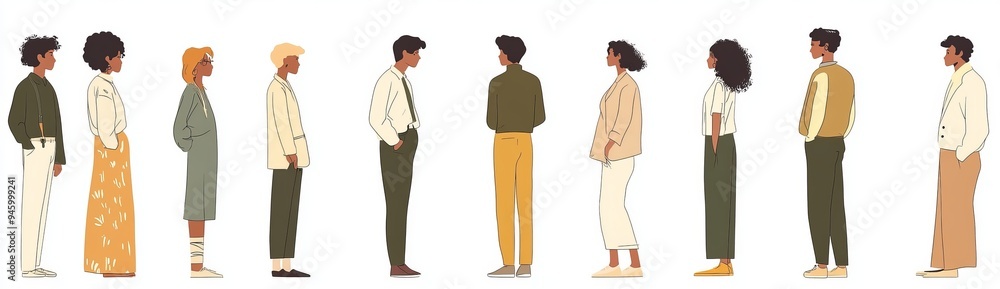 Image of diverse people standing in line, facing the same direction, holding hands with each other's shoulders Image of diverse people standing in line, facing the same direction, holding hands with each other's shoulders