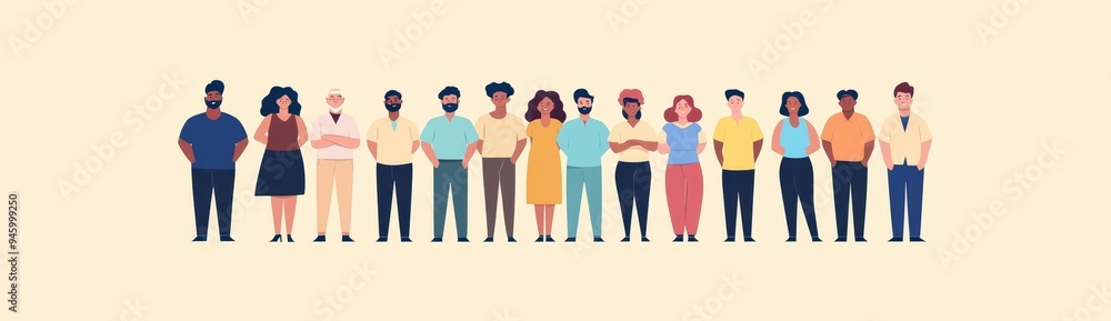 Fototapeta premium A line of people from different nationalities stands in front of a white background. Stock Illustration