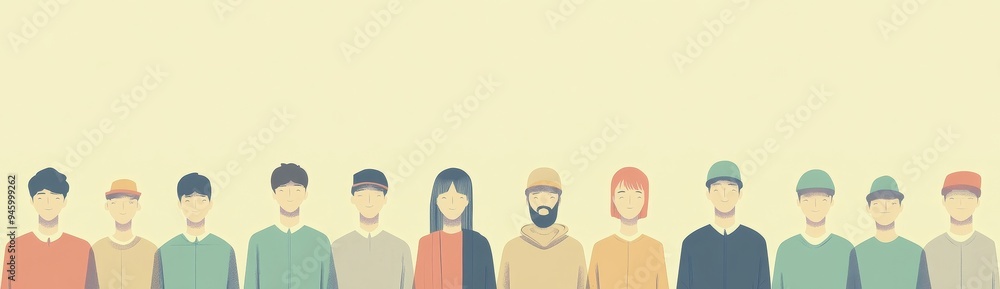 The line of people stands with nationalities from different countries looking up, a flat illustration with a white background The line of people stands with nationalities from different countries looking up, a flat illustration with a white background