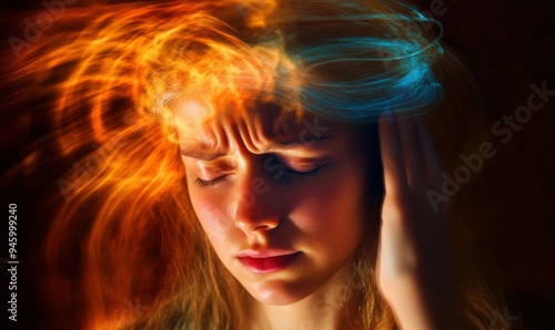 A woman experiences a headache with her eyes closed, conveying discomfort and frustration. The background is dynamic and blurry, enhancing the sense of motion and emotional intensity