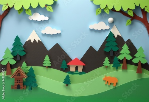 Papercraft landscape with mountains, houses, trees, and a bear.