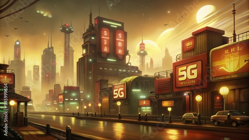 Futuristic Cityscape with Illuminated Street and Skyscrapers photo