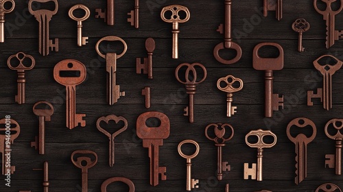 A pattern of vintage keys and locks, arranged in a repeating, steampunk-inspired design