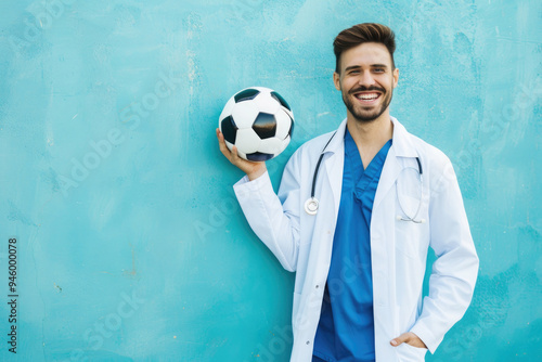 Doctor in a white lab coat holding a soccer ball  smiling against a bright blue wall