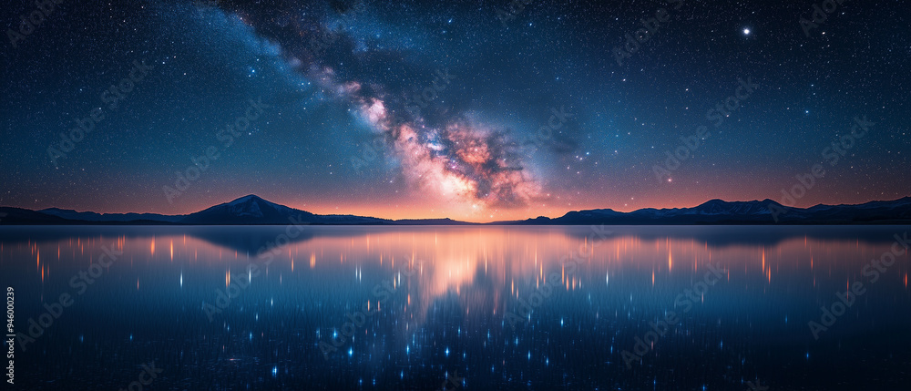A cinematic view of a starry night sky over a quiet lake, with the Milky Way reflecting in the calm water, creating a serene and otherworldly background. A cinematic view of a starry night sky over a quiet lake, with the Milky Way reflecting in the calm water, creating a serene and otherworldly background.