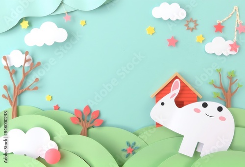 Paper cutout of a bunny with green hills and clouds on a blue background.