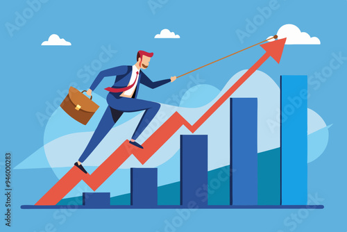 Taking initiative to win business competition, determination or entrepreneurship to overcome difficulty and success, courage or challenge concept, businessman taking initiative to climb growth graph.
