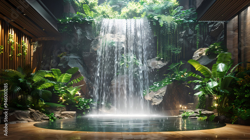 Luxurious waterfall garden inside the house,16K,photostock style