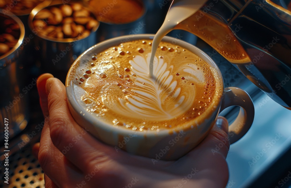 A Barista Pouring Milk Into A Cup Of Coffee With Latte Art A Barista Pouring Milk Into A Cup Of Coffee With Latte Art