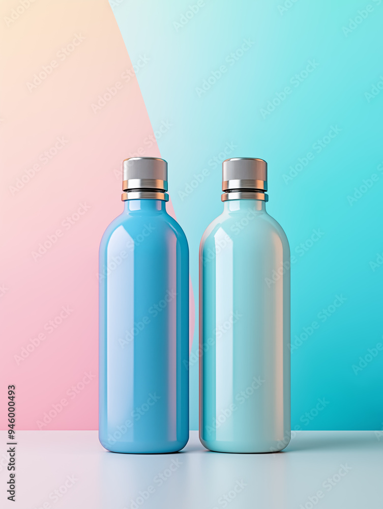 Mockup of two blue plastic reusable water bottles or thermos isolated on pastel pink background. Concept of sustainability, zero waste, eco friendly equipment for sport or travel. Mockup of two blue plastic reusable water bottles or thermos isolated on pastel pink background. Concept of sustainability, zero waste, eco friendly equipment for sport or travel.