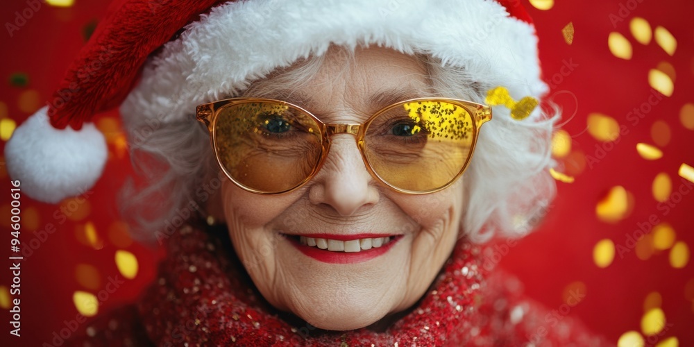 An elderly woman joyfully smiles while wearing a Santa hat and golden sunglasses as golden confetti falls around her, capturing the holiday spirit and festive cheer An elderly woman joyfully smiles while wearing a Santa hat and golden sunglasses as golden confetti falls around her, capturing the holiday spirit and festive cheer