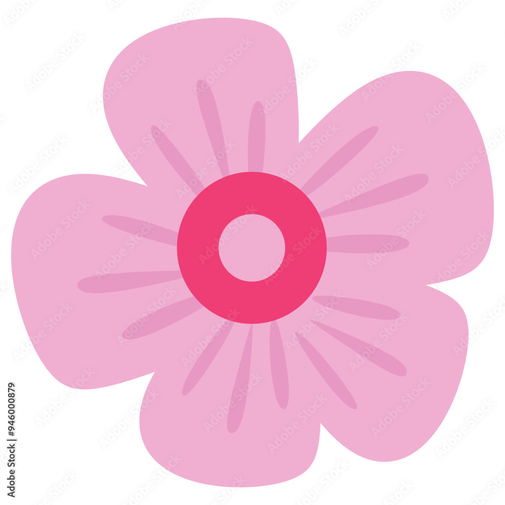 A simple, stylized pink flower with five rounded petals and a large, concentric circle center in shades of pink and red. Floral and decorative design illustration A simple, stylized pink flower with five rounded petals and a large, concentric circle center in shades of pink and red. Floral and decorative design illustration
