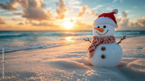 Fototapeta Naklejka Na Ścianę i Meble -  A cheerful snowman stands on a sandy Caribbean beach under the warm sun, embodying the unique blend of holiday spirit and tropical paradise.