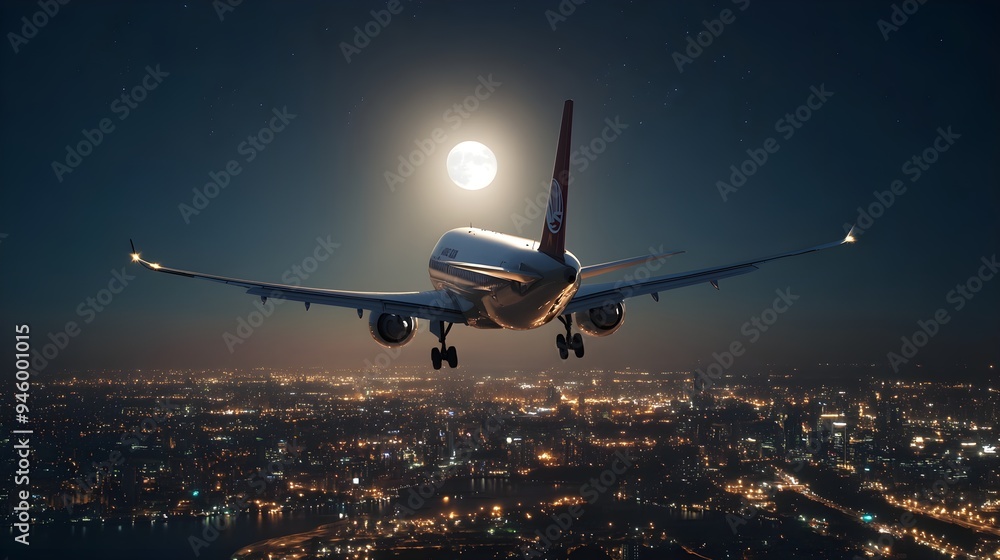 An airplane soaring above a cityscape at night An airplane soaring above a cityscape at night