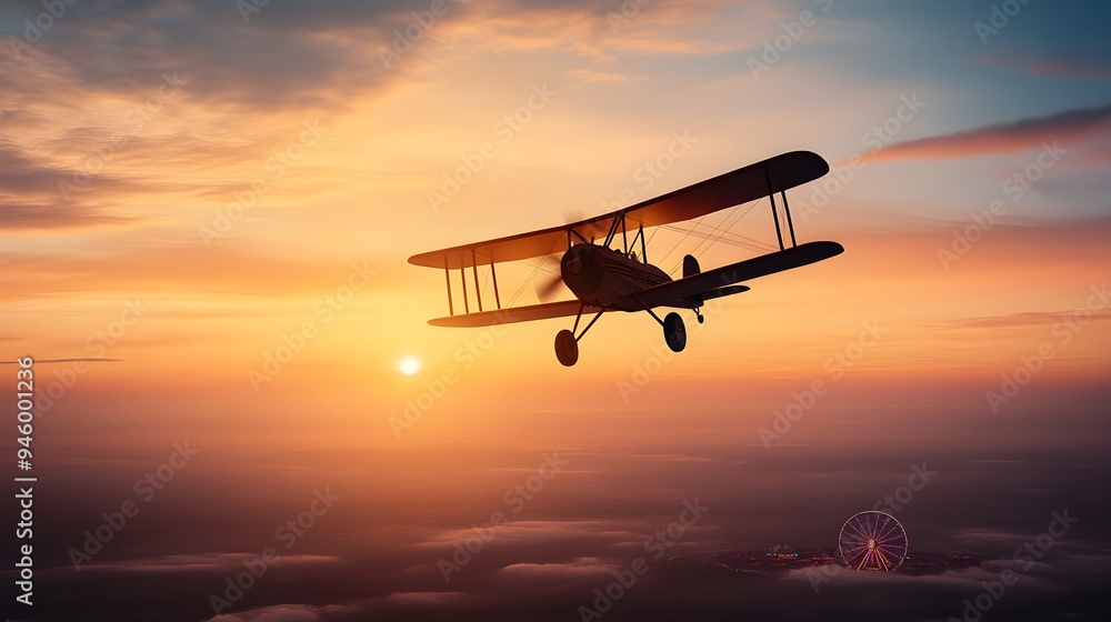 A bi-plane flying over a carnival with a Ferris wheel in the background A bi-plane flying over a carnival with a Ferris wheel in the background