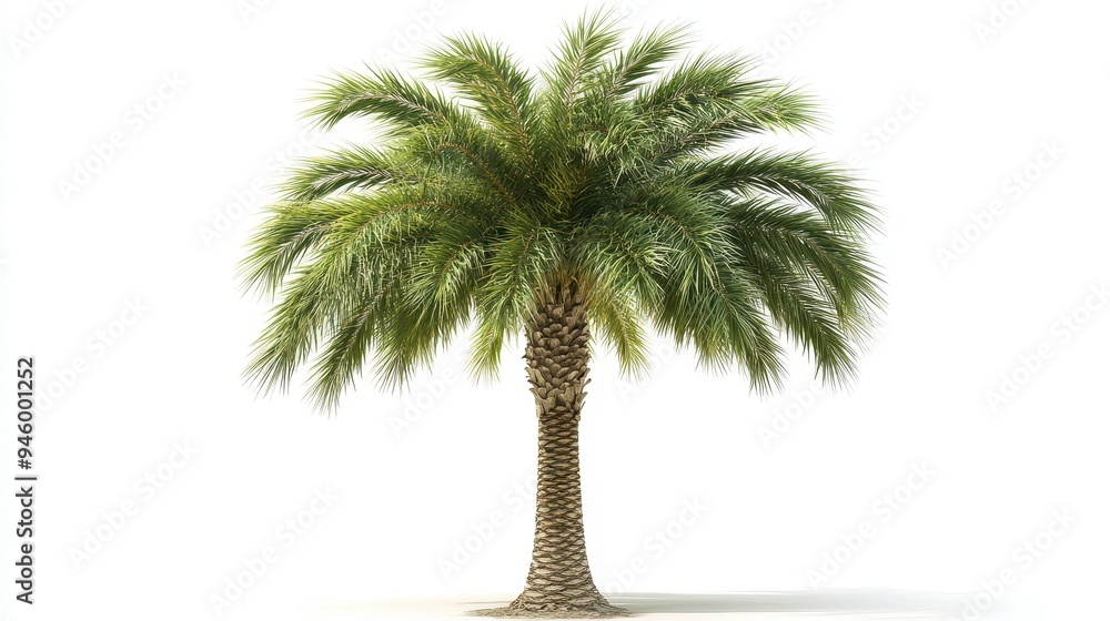 Obraz premium A tall palm tree with lush green fronds against a plain background.