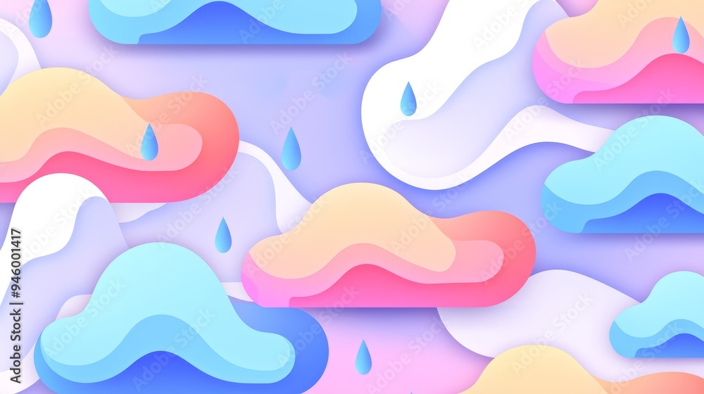 A pattern of stylized clouds and raindrops, with soft gradients and gentle curves A pattern of stylized clouds and raindrops, with soft gradients and gentle curves