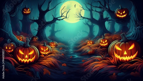 Abstract Halloween background with scary pumpkins in the dark forest. Colorful and beautiful illustration of halloween themed scene.