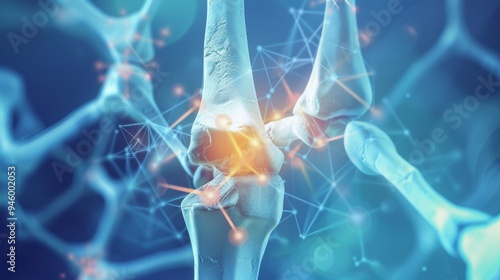 Scientific Illustration Depicting a Nutrient Molecule Essential for Strong Bones, Showcased Against a Vibrant Blue Background with a Focused  Representation of a Knee Joint