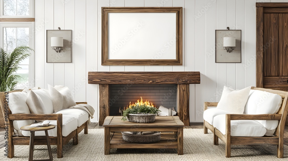 Charming of a Farmhouse Style Living Room Setting Featuring a Framed Mockup Warm Accents and Inviting Rustic Wood Furnishings Charming of a Farmhouse Style Living Room Setting Featuring a Framed Mockup Warm Accents and Inviting Rustic Wood Furnishings