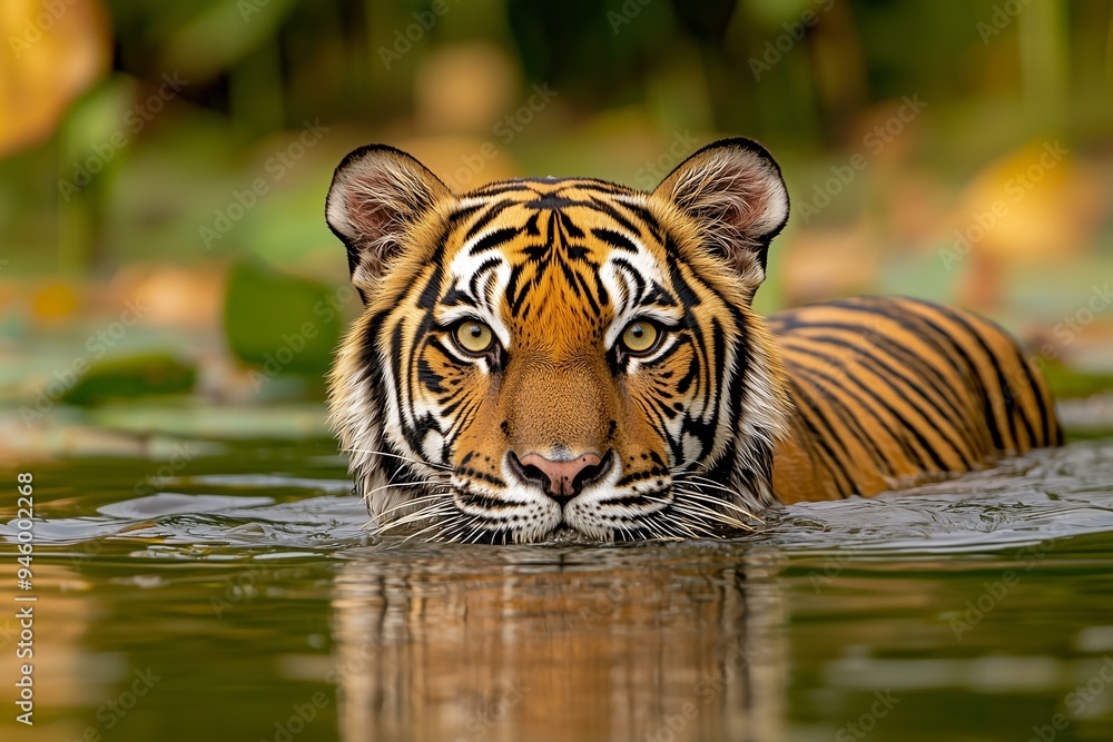 Close-Up of a Tiger Wading in Water, Showing the Intensity and Focus of the Animal, Perfect for Wildlife Photography or Nature Conservation Themes Close-Up of a Tiger Wading in Water, Showing the Intensity and Focus of the Animal, Perfect for Wildlife Photography or Nature Conservation Themes