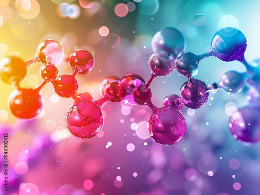 Vibrant 3D Rendering of Hair Nutrient Molecules with Bokeh Background, Representing the Science of Hair Growth and Health Vibrant 3D Rendering of Hair Nutrient Molecules with Bokeh Background, Representing the Science of Hair Growth and Health