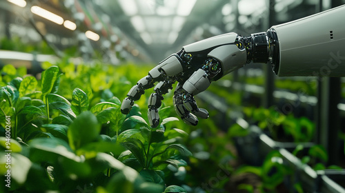 A robotic arm carefully tends to vibrant green plants in a high-tech indoor greenhouse environment, showcasing automation in agriculture