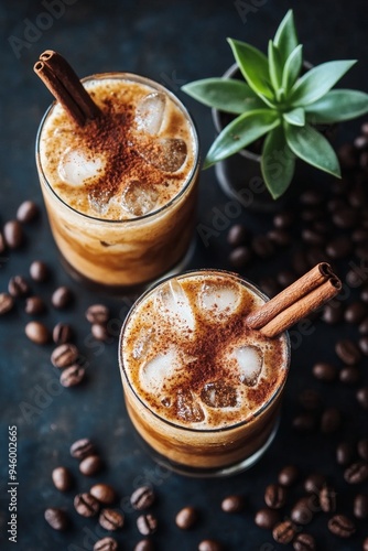 Iced coffee drinks with cinnamon garnish and coffee beans on a dark background