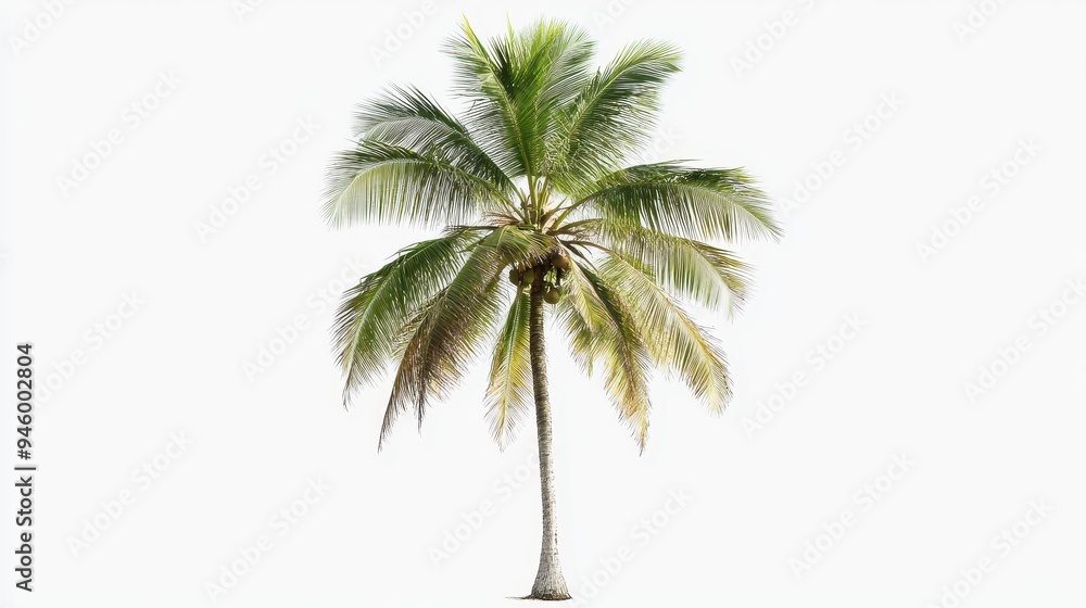 Obraz premium A tall palm tree with lush green fronds and a slender trunk against a white background.