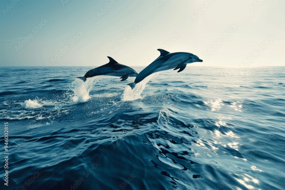 Two dolphins leap gracefully above the shimmering ocean surface. They embody freedom and joy. This stunning image captures the beauty of marine life. Generative AI Two dolphins leap gracefully above the shimmering ocean surface. They embody freedom and joy. This stunning image captures the beauty of marine life. Generative AI