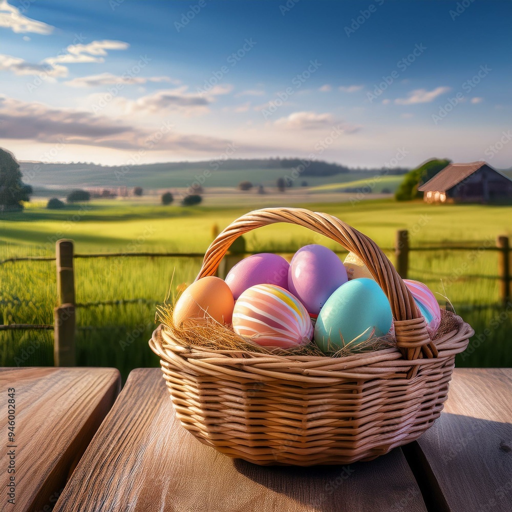 Basket with colorful Easter eggs on a wooden table with a farm landscape in the background, Generative AI Basket with colorful Easter eggs on a wooden table with a farm landscape in the background, Generative AI