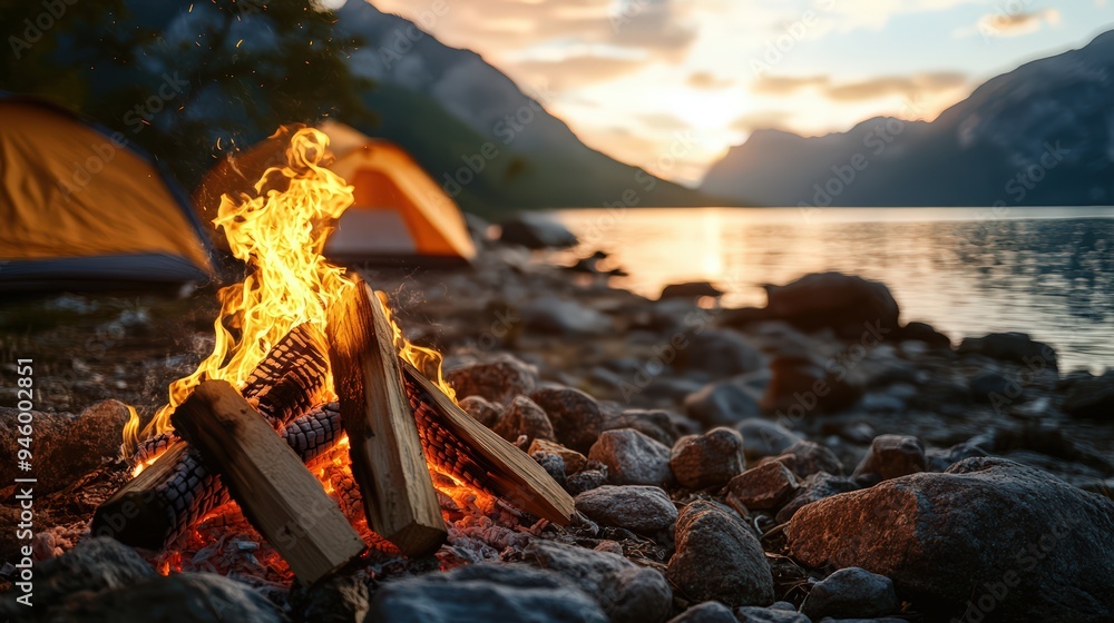 Fototapeta premium A vibrant campfire crackling with an orange glow, surrounded by tents under the soothing evening sky with a captivating sunset in the background, creating a warm, inviting scene