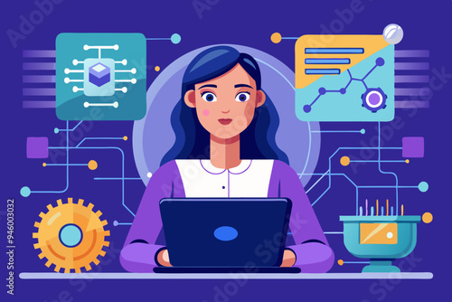 Working with AI artificial intelligence, technology helping or support success work, AI prompt engineer or robot assistance concept, woman work with computer laptop on AI artificial intelligence chip.