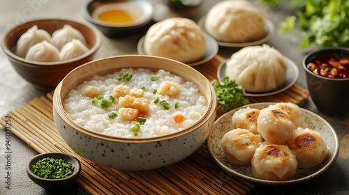 A diverse Asian breakfast set with dim sum, steamed buns, and a bowl of congee, served with tea on a bamboo mat. The dishes are artfully presented, highlighting the textures and flavors.