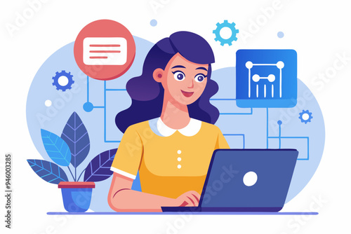 Working with AI artificial intelligence, technology helping or support success work, AI prompt engineer or robot assistance concept, woman work with computer laptop on AI artificial intelligence chip.