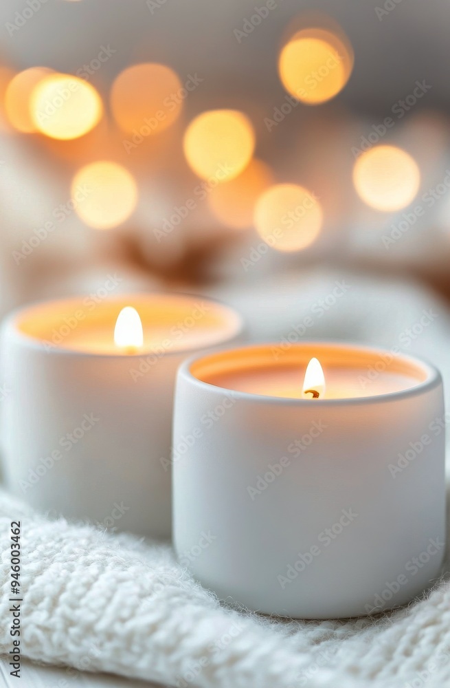 Candles glowing warmly on a cozy blanket with blurred bokeh lights in the background Candles glowing warmly on a cozy blanket with blurred bokeh lights in the background