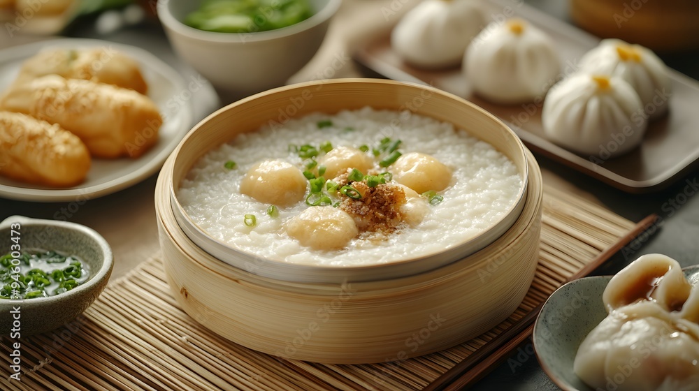 A diverse Asian breakfast set with dim sum, steamed buns, and a bowl of congee, served with tea on a bamboo mat. The dishes are artfully presented, highlighting the textures and flavors. A diverse Asian breakfast set with dim sum, steamed buns, and a bowl of congee, served with tea on a bamboo mat. The dishes are artfully presented, highlighting the textures and flavors.
