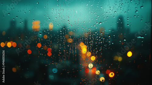 A cinematic close-up of raindrops on a window, with a blurred cityscape in the background, perfect for a reflective and moody background.