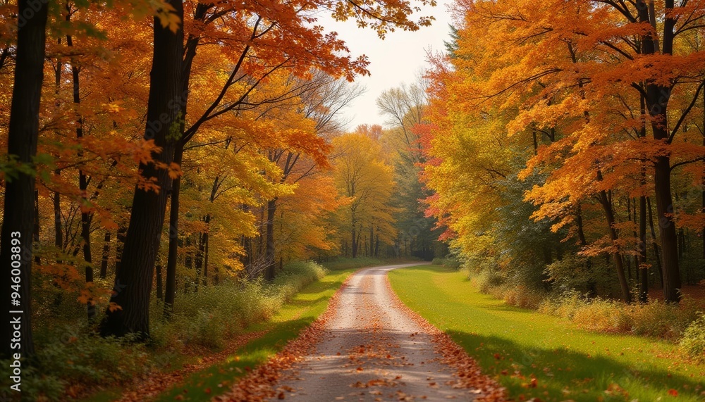 Autumns golden path through the woods Autumns golden path through the woods
